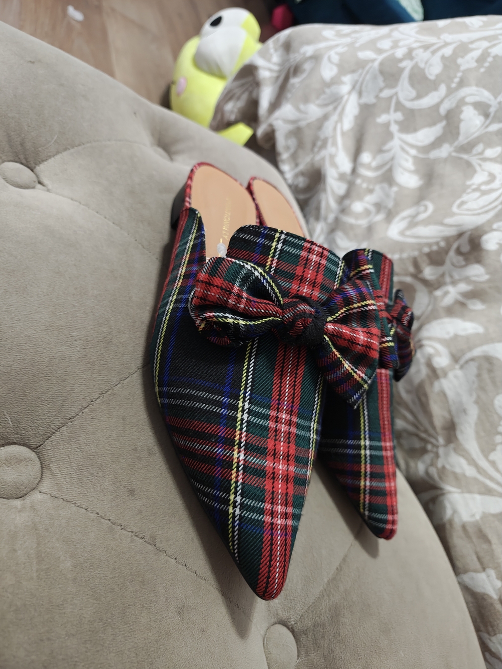 Intentionally Black Picadeli Plaid Bow Mule Flat